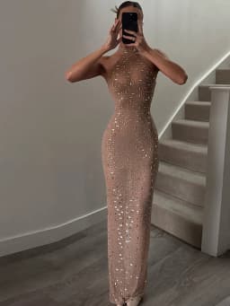 Cutenew Party Gown Dress Women Chic Sequin Applique Sleeveless Halter Fashion Stretch Skinny Elegant Banquet Club Bodycon