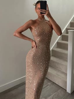 Cutenew Party Gown Dress Women Chic Sequin Applique Sleeveless Halter Fashion Stretch Skinny Elegant Banquet Club Bodycon
