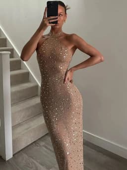 Cutenew Party Gown Dress Women Chic Sequin Applique Sleeveless Halter Fashion Stretch Skinny Elegant Banquet Club Bodycon