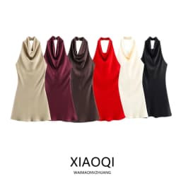 Silk Satin Texture Summer New Arrival Women's Dr Hanging Ne Collar Gown Soft A-Line Skirt High Waist Pure Color
