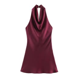 Silk Satin Texture Summer New Arrival Women's Dr Hanging Ne Collar Gown Soft A-Line Skirt High Waist Pure Color