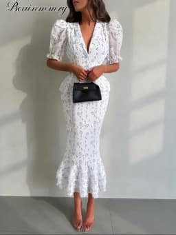 Women Elegant Printed V-neck Dress Chic Lapel Waist Cinched Pleated High Waisted Dresses 2026 Summer New Lady Vacation Gowns