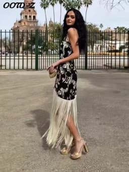 Vintage Print Tassel Asymmetrical Long Dress Women Halter Sleeveless Backless Female Party Dresses Spring Summer Lady Chic Robe