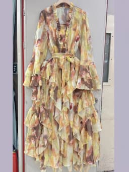 Spring/summer 2025 new V-neck long-sleeved dress with sling print elegant lace waist wooden ear layer upon layer ruffled long sk