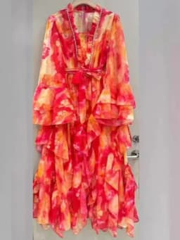 Spring/summer 2025 new V-neck long-sleeved dress with sling print elegant lace waist wooden ear layer upon layer ruffled long sk