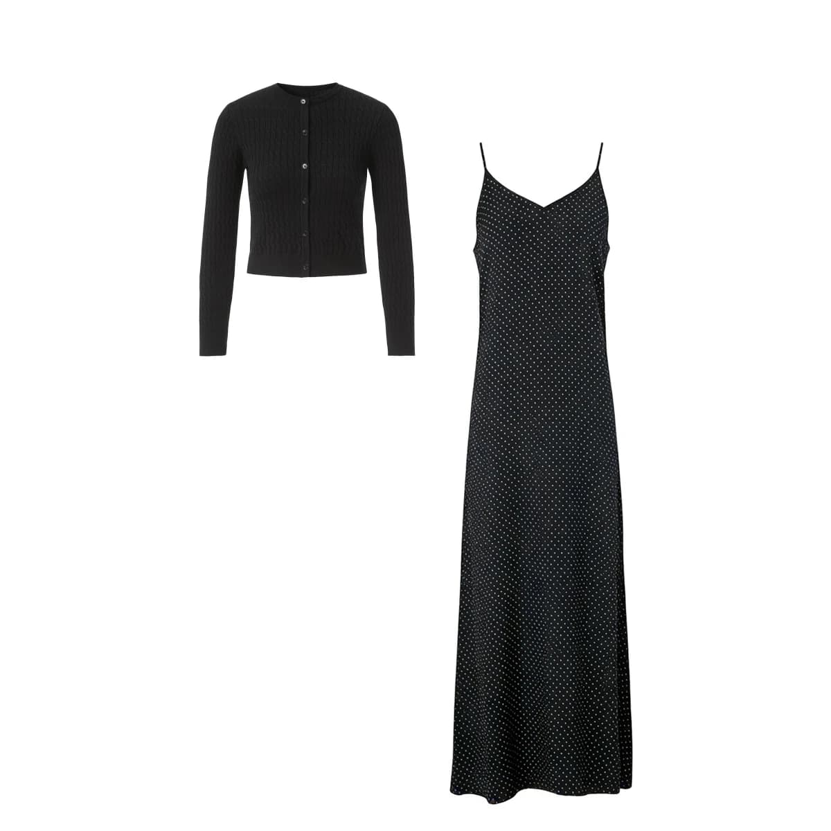 AP SS26 Women Black Cable Cardigan and Polka Dots Slip Dress Classic Style