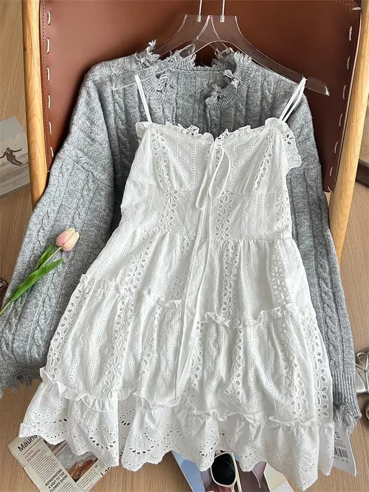 Korean Style V-Neck A-Line Dress Lace Trim Layering Hollow out Loose Fit Casual High Waist Polyester Fiber No Sleeve Dress