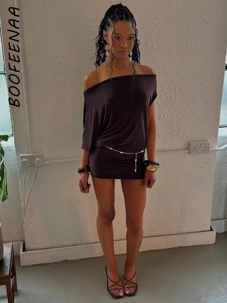 BOOFEENAA Asymmetrical Off Shoulder Mini Dresses 2025 Woman Clothes Fashion Sexy Summer Dress C77-BE20