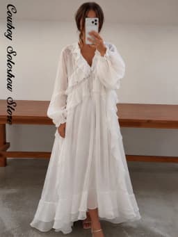 Elegant Ruffle Women's Dress Solid V Neck Full Lantern Sleeve Loose Long Casual Dresses New Street Beach Vacation Robe 2026