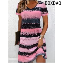 Women Dress Summer Short Sleeve O-Neck Casual Loose A-Line Dress Big Size 3XL Female 3D Striped Printing Elegant Vintage Dresses