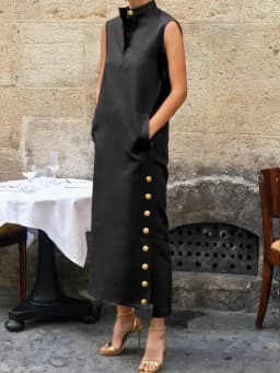 Yeezzi Women Fashion Split-Side Buttoned Stand Collar Evening Dresses 2026 New Sleeveless Solid Color H-Line Casual Shirts Dress