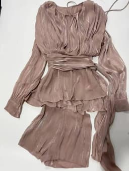 LGRQ 2026 New Summer Fashion Women Clothes Round Neck Lantern Sleeves Satin Short Dress With Shorts Under Two Pieces Set