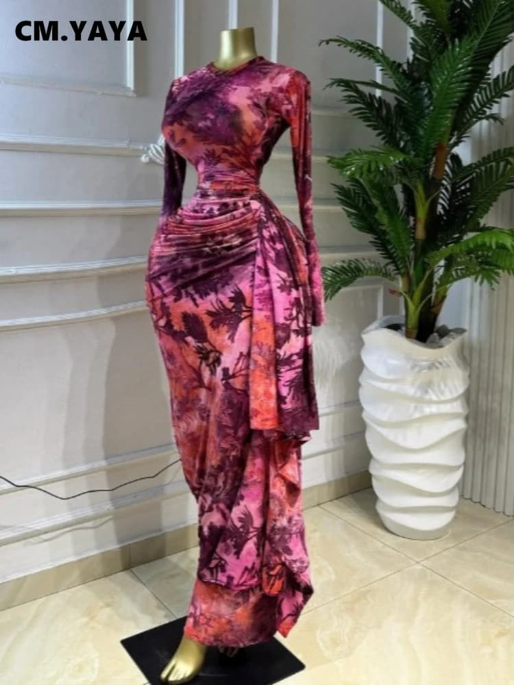CM.YAYA Women Print O-neck Ruched Ribbon Bodycon Long Dress 2026 Spring Street Evening Birthday Club Party Vestidos Sexy Dresses