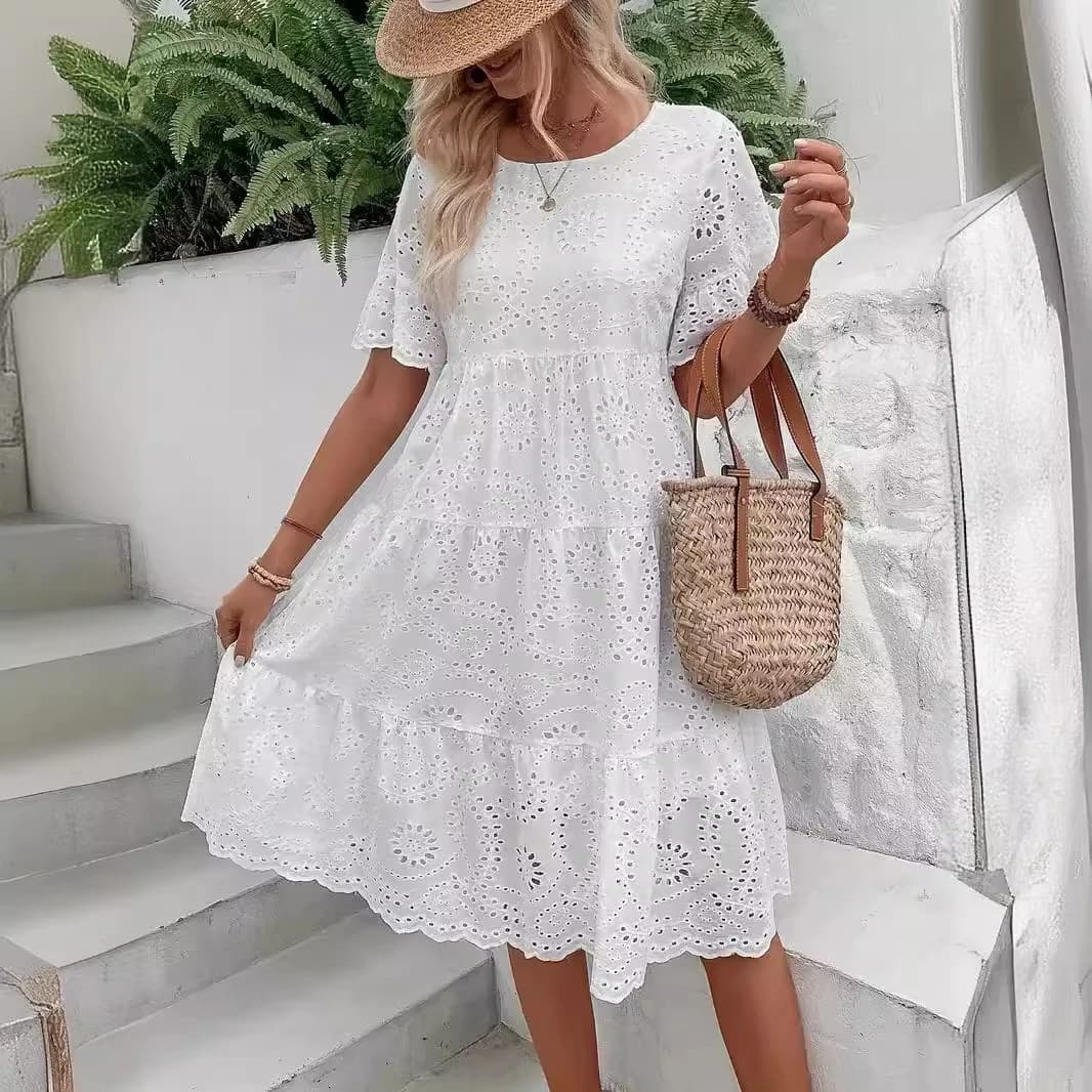 Women's White Eyelet Embroidery Midi Dress Hollow-out Boho Flowy Ruffle Tiered Dress Casual Short Sleeve Summer Beach Dresses