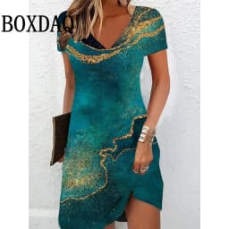 Elegant Women's Midi Dresses 2025 New Summer Fashion V-Neck 3D Printed Dress Casual Tie Dye Gradient Loose A-Line Dress Vestidos