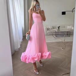 Women's Solid Color Spaghetti Strap Midi Dress Ruffled Hem Fitted A-Line Gown Elegant Party Dress For Dating & Evening Event