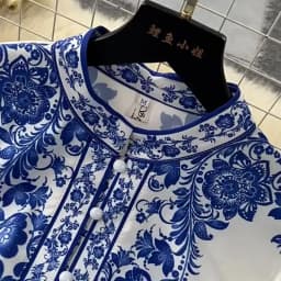 Elegant Blue And White Porcelain Flower Print Dresses Women Stand Collar Lantern Long Sleeve Belt Vintage Single Breasted Robe