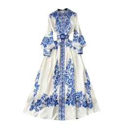 Elegant Blue And White Porcelain Flower Print Dresses Women Stand Collar Lantern Long Sleeve Belt Vintage Single Breasted Robe