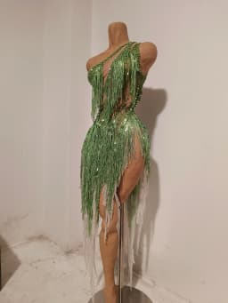 Women Sparkly Rhinestones Tassel Green One Shoulder Sexy See-Through Dress Latin Dance Outfits Bar Nightclub Party Stage Costume