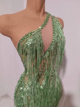 Women Sparkly Rhinestones Tassel Green One Shoulder Sexy See-Through Dress Latin Dance Outfits Bar Nightclub Party Stage Costume