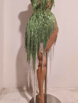 Women Sparkly Rhinestones Tassel Green One Shoulder Sexy See-Through Dress Latin Dance Outfits Bar Nightclub Party Stage Costume