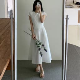 Minimalist Korean round Neck Waist-Cinching Dress Women's Summer New Style Short Sleeve Long Dress Simple Elegant Fashionable
