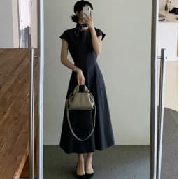 Minimalist Korean round Neck Waist-Cinching Dress Women's Summer New Style Short Sleeve Long Dress Simple Elegant Fashionable