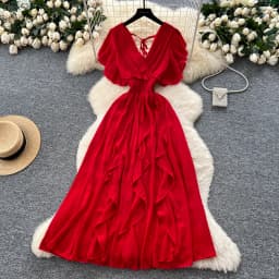 Elegant Criss-Cross chiffon short sleeve Vintage Chic Slim Ball Gown Dresses French Evening High Street Clothing