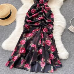 Vintage chiffon print Elegant V-neck Dress ruffle Casual High Waist Women Summer Mermaid sweet dresses