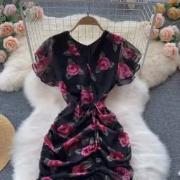 Vintage chiffon print Elegant V-neck Dress ruffle Casual High Waist Women Summer Mermaid sweet dresses