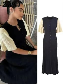 Elegant Knit Dress For Women White Slim O-neck Single Breasted Short Sleeve Long Dresses Female Spring Fashion Lady Robe T88X
