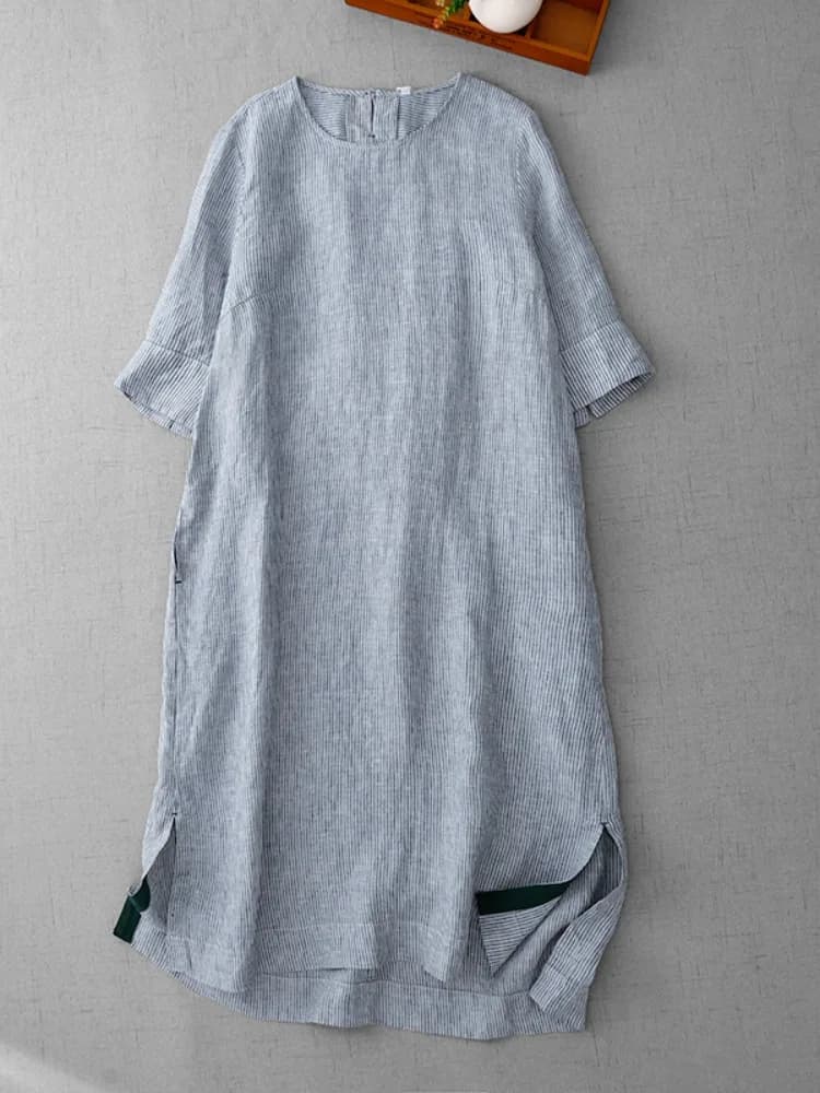 Retro Cotton Linen Midi Dress Summer New Style Slimming Belly Covering Women's A-Line Midi Skirt Casual Style Loose Waist