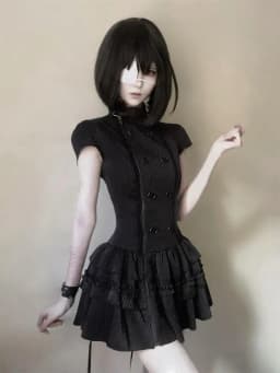 New Gothic Lolita Y2K Women's Mini Dress Double Breasted Striped Ruffle Hem Slim Fit Harajuku Dark Cute Night Out Streetwear