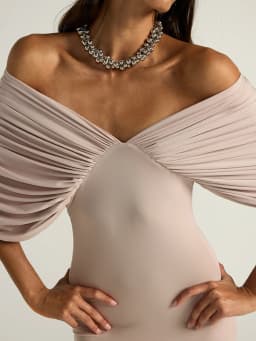 Mozision Women Off-shoulder Ruched Sexy Maxi Dress Elegant Deep V Neck Draped Sleeve Bodycon Club Party Long Dresses Female