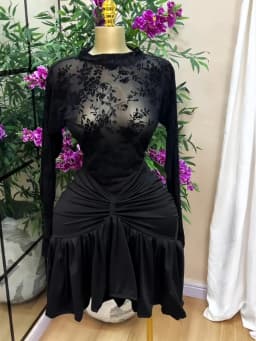 CM.YAYA Women Black Floral Velvet Mesh Sheer Long Sleeve High Neck Ruched Waist Ruffle Irregular Hem Bodycon Mini Party Dress