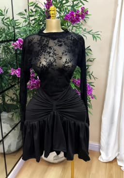 CM.YAYA Women Black Floral Velvet Mesh Sheer Long Sleeve High Neck Ruched Waist Ruffle Irregular Hem Bodycon Mini Party Dress