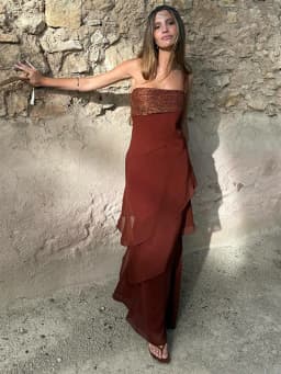Women Dress Chiffon Strapless Detachable Neck Maxi Dress Scarf Strap Multi Tier Ruffle Layered Flowy Hem Slim Elegant Dress Lady