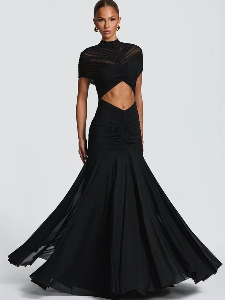 JULISSA MO Patchwork Sexy Hollow Out Sheer Mesh Women Maxi Dress Turtleneck Ruched Dress Spring Slim Elegant Party Evening Dress