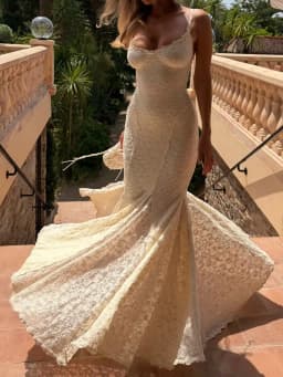 Suninheart Elegant Lace Mermaid Maxi Dress Spaghetti Strap Backless Evening Gown with for Wedding Party Beach Vacation