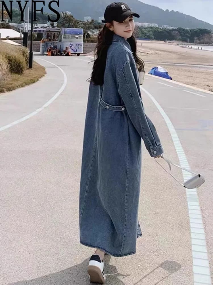NYFS 2026 Autumn New Korea Woman Denim Dress Vestidos Robe Elbise Single Breasted Loose Plus Size Shirt Long Dresses