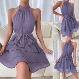 Women's Red Mini Dress Vestidos 2025 Summer Fashion Sexy Style Halter Sleeveless Ruffle Edge Tied Woman Dresses Women Sundress