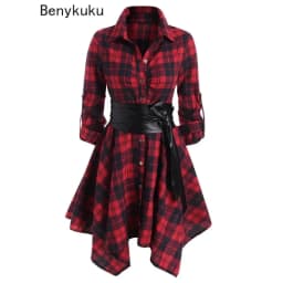 Women Red Plaid Belted Roll Tab Sleeve Handkerchief Dress Grunge Gothic Casual Dresses Vestidos Button Up Long Sleeve Streetwear