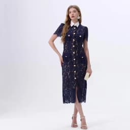 H Han Queen Elegant France Women Single Breasted Lace Dresses Female Hollow Out Short Sleeve Vintage Midi Dress Female Clothing