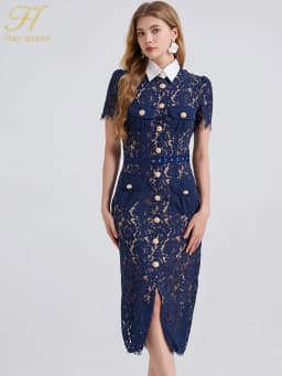 H Han Queen Elegant France Women Single Breasted Lace Dresses Female Hollow Out Short Sleeve Vintage Midi Dress Female Clothing