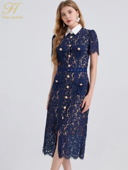 H Han Queen Elegant France Women Single Breasted Lace Dresses Female Hollow Out Short Sleeve Vintage Midi Dress Female Clothing