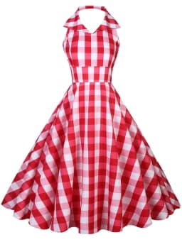 Hepburn Summer Dress Women Plaid Vintage Halter Robe Housewife Retro 50s 60s Midi Dresses Vestidos