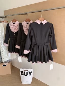 Women Korean College Preppy Mini Fake Two Pieces Shirt Dress Korean Chic Girl Bow Frock Long Sleeve One-Piece 2000s Sweet Y2k
