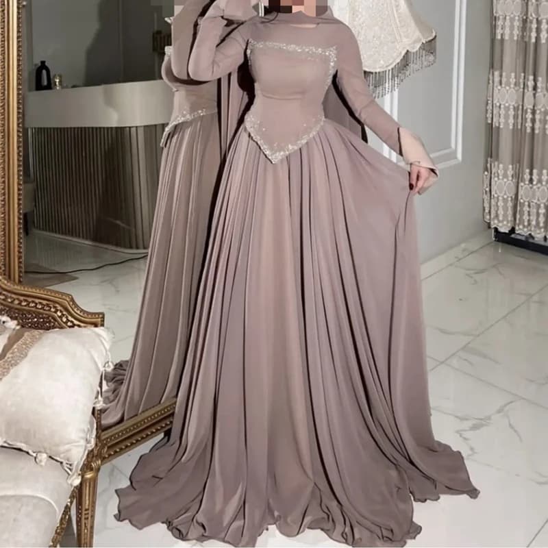Women Fashion Sequins Beadings Solid Long Dress Elegant Wedding Guest Gowns Dress Casual O-Neck Scarf Long Sleeve Peplum Dress