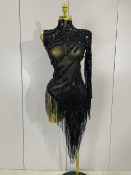 New Sparkly Rhinestones Tassel Sexy See-Through Dress Women One Shoulder Latin Dance Outfits Bars Nightclub Party Stage Costume