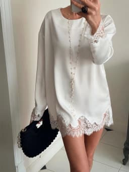 Women Light Blue Lace Satin Round Neck Dress Elegant Side Tie Long Sleeve Soft Short Gown 2026 Daily Vacation Party Sundress